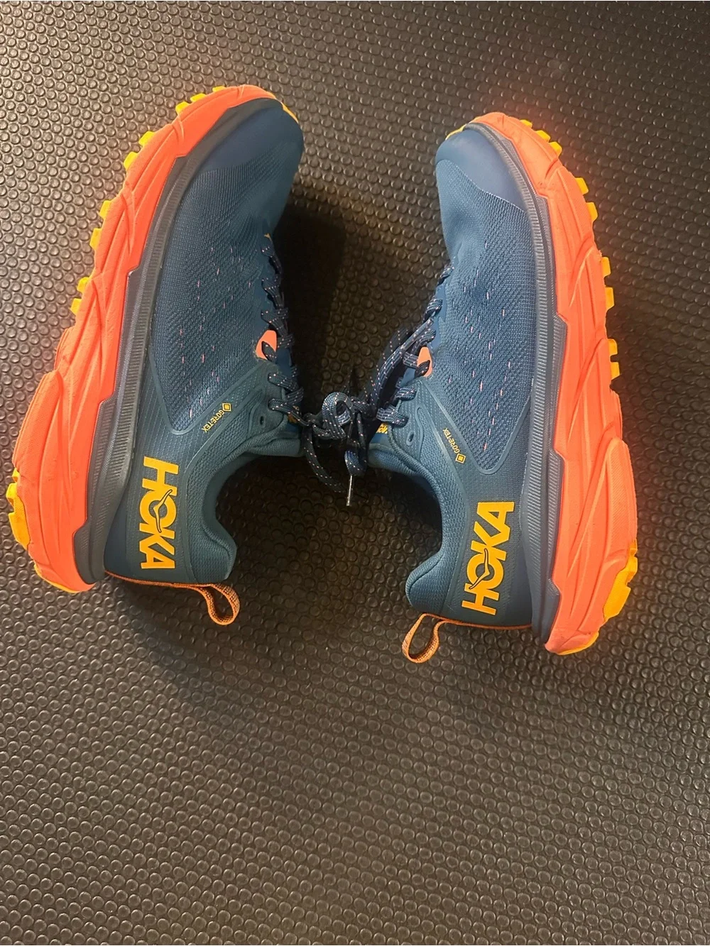 Hoka One One Challenger—Blue Trail Sneakers with Salmon and Yellow Soles